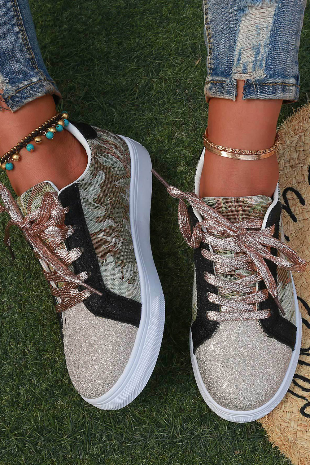 Black Camo Patchwork Sequin Lace-Up Sneakers