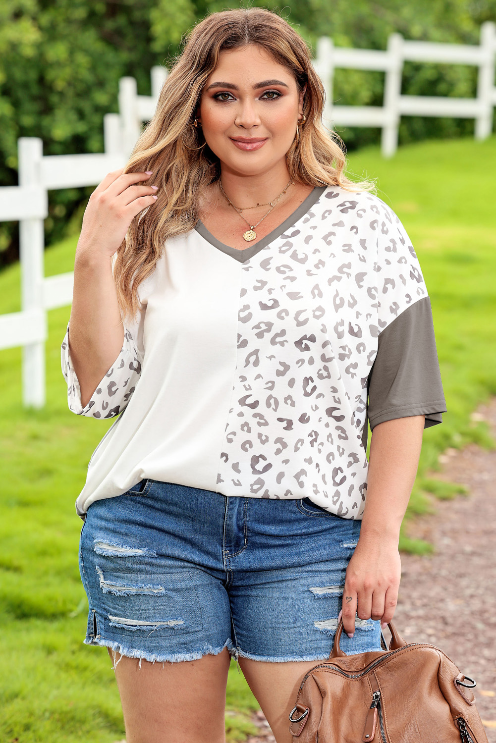 Gray Plus Size Leopard Patchwork Short Sleeve Top