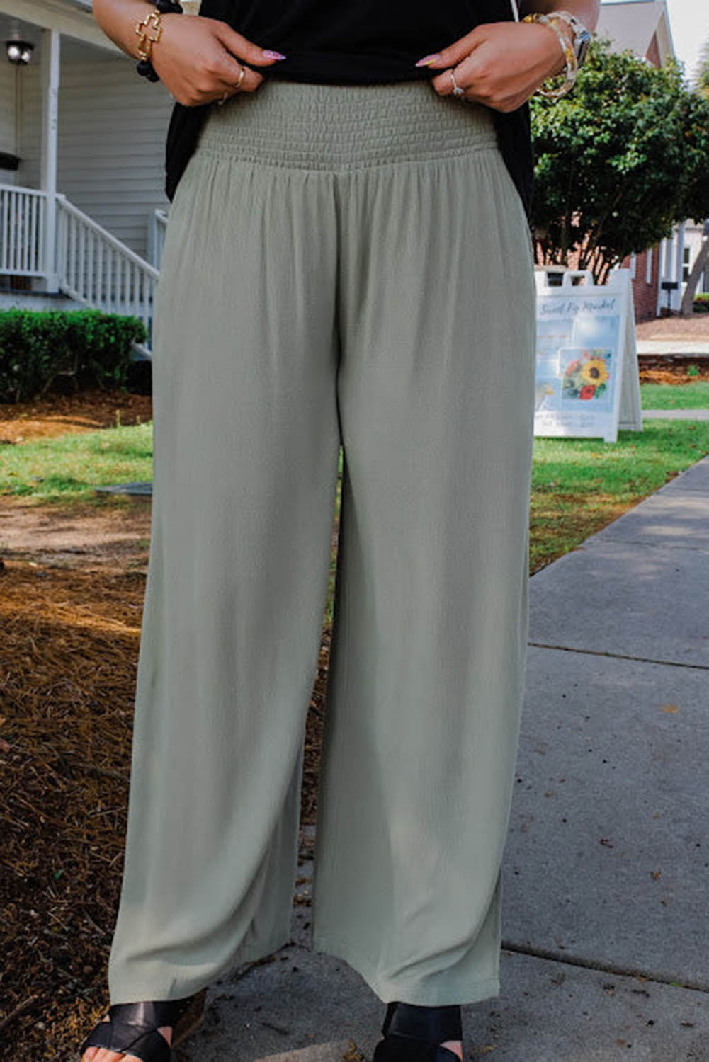 Green Side Splits Shirred Waist Wide Leg Plus Size Pants