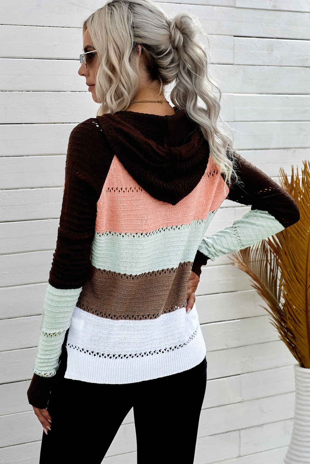 Brown Zipped Front Colorblock Hollow-out Knit Hoodie