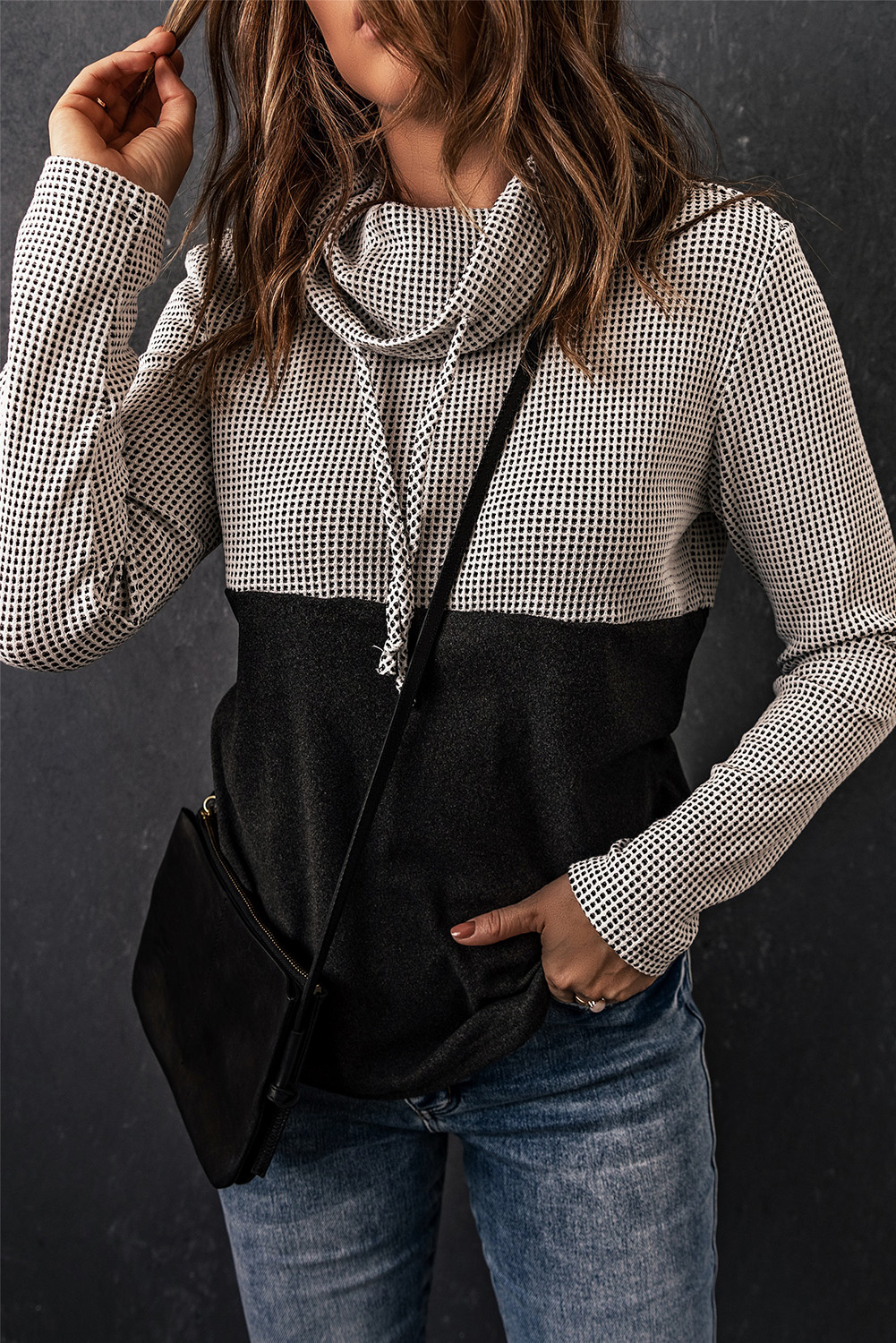 Gray Drawstring Cowl Neck Color Block Sweatshirt
