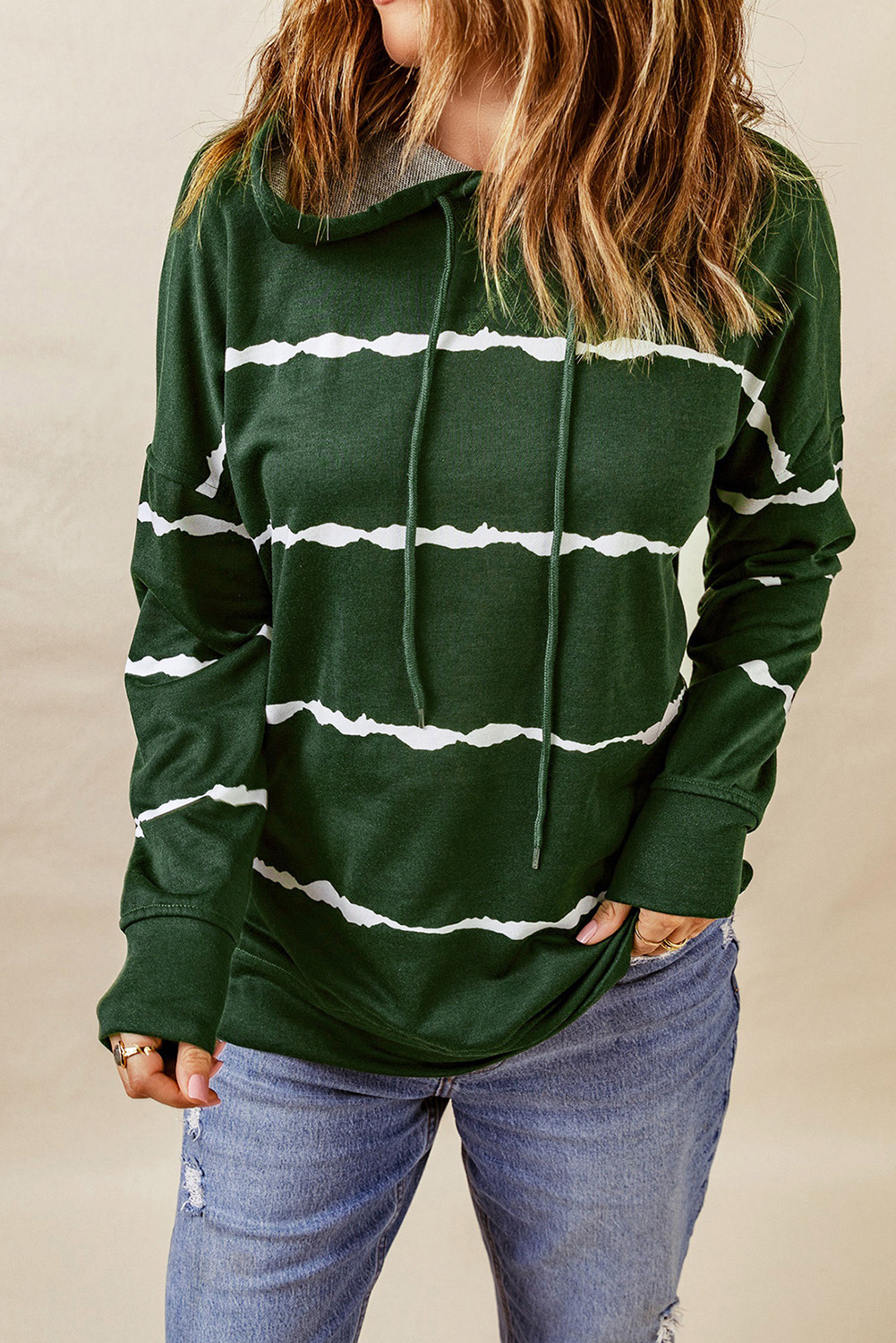Green Tie-dye Striped Drawstring Hoodie with Side Split Tops