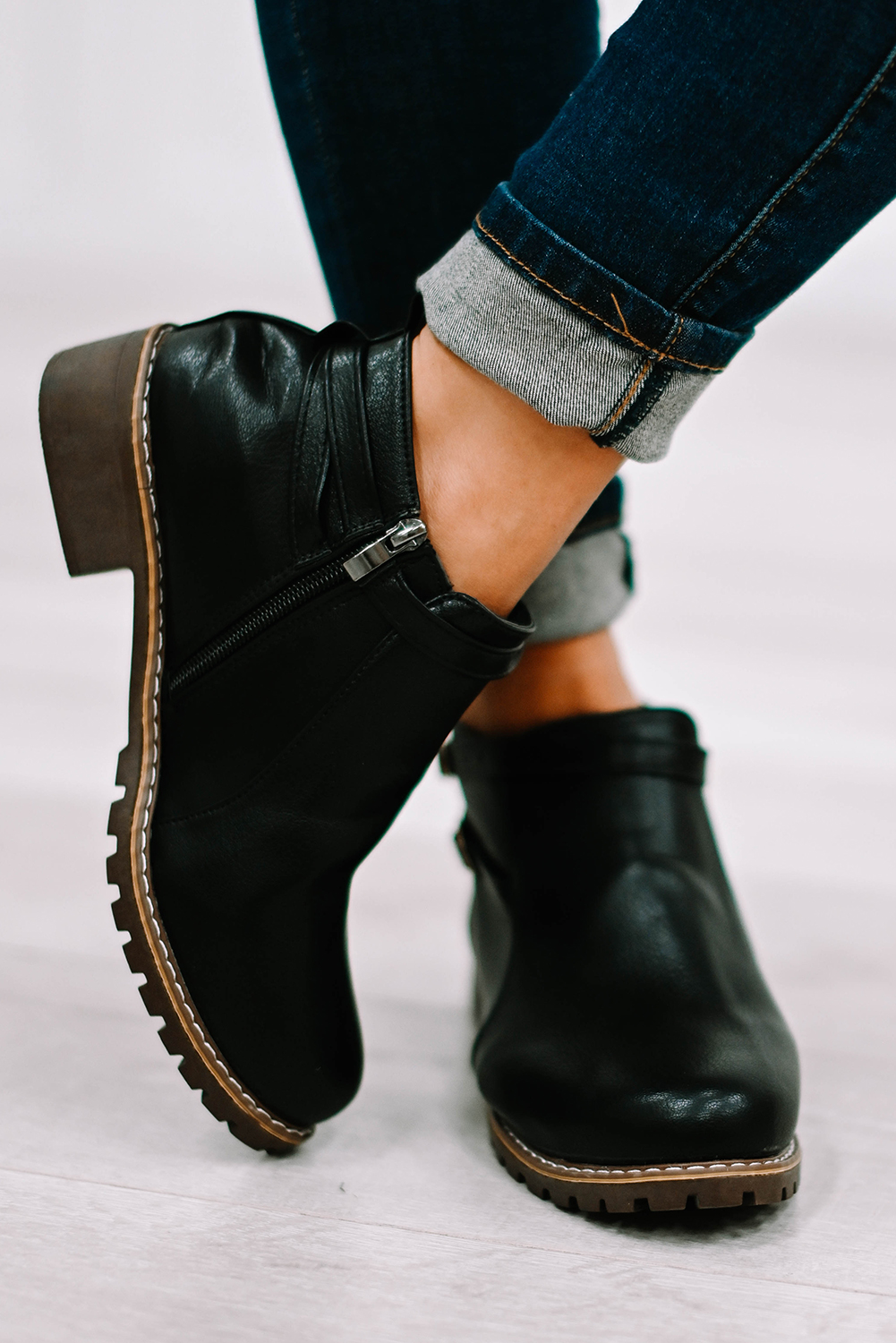 Black Leather Low Heel Zip Ankle Bootie