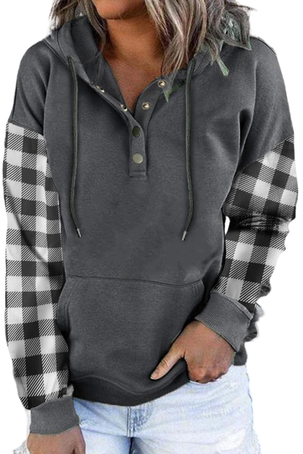 Gray Plaid Snap Button Pullover Hoodie with Pocket