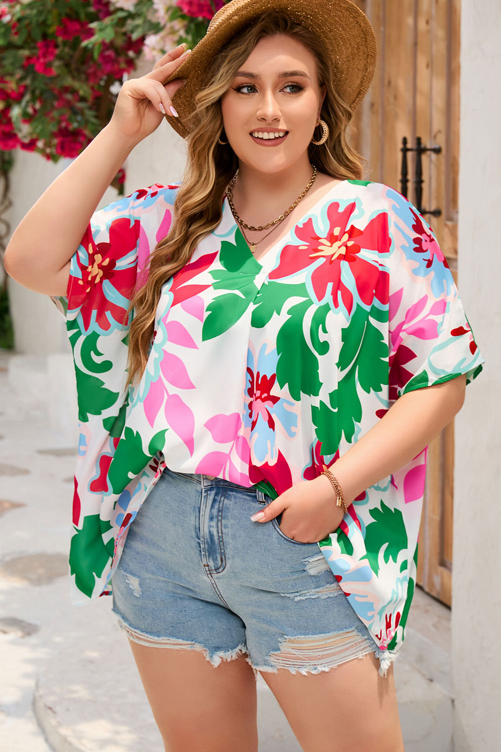 Green Floral Print Faux Wrap Plus Size Blouse