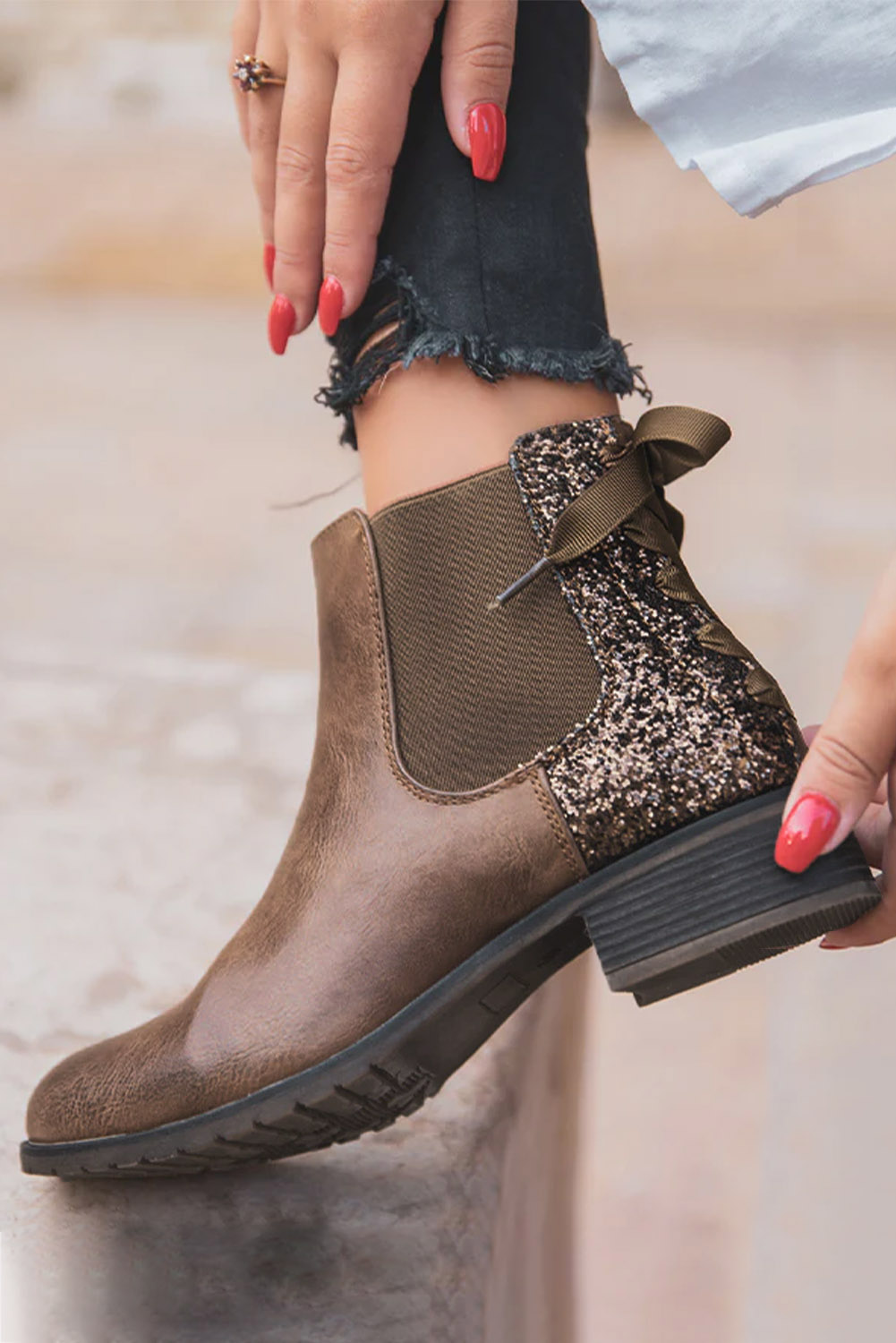 Brown Faux Leather Sequin Lace-up Ankle Boots