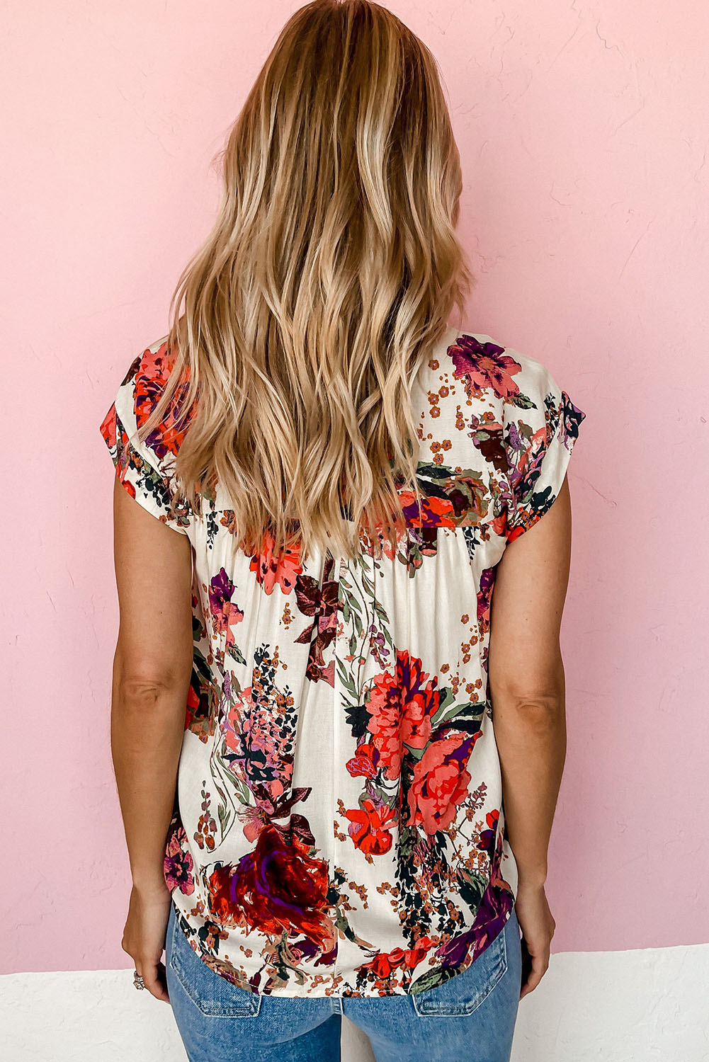 Red Floral Short Sleeve Round Neck Blouse