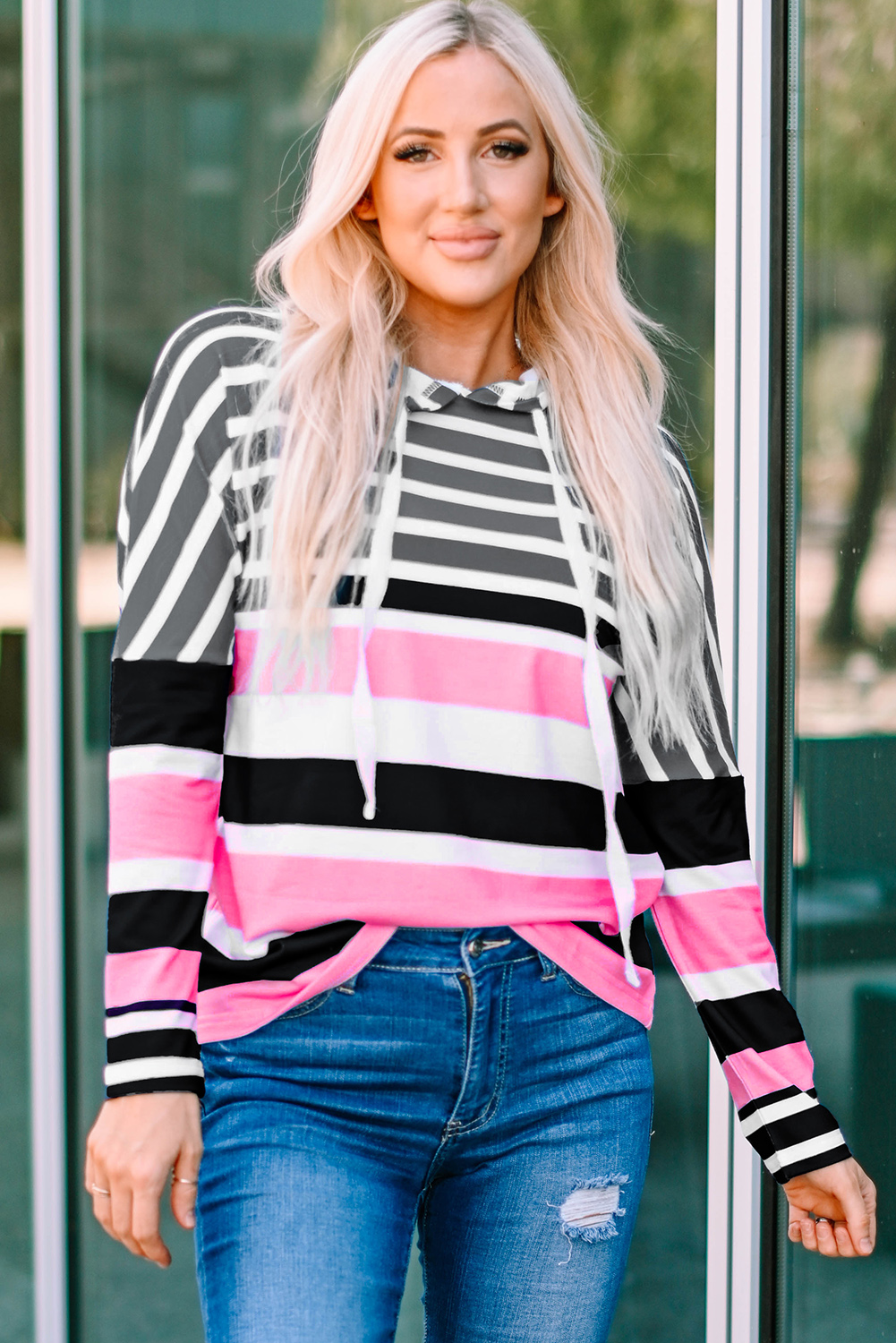 Rose Multi Striped Drawstring Long Sleeve Hoodie