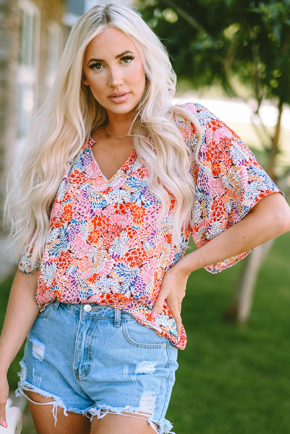 Multicolor Notch V Neck Gorgeous Floral Blouse