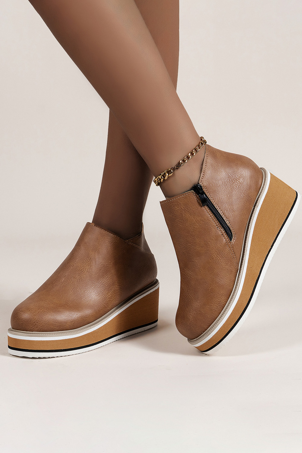 Khaki PU Leather Slip-on Platform Shoes