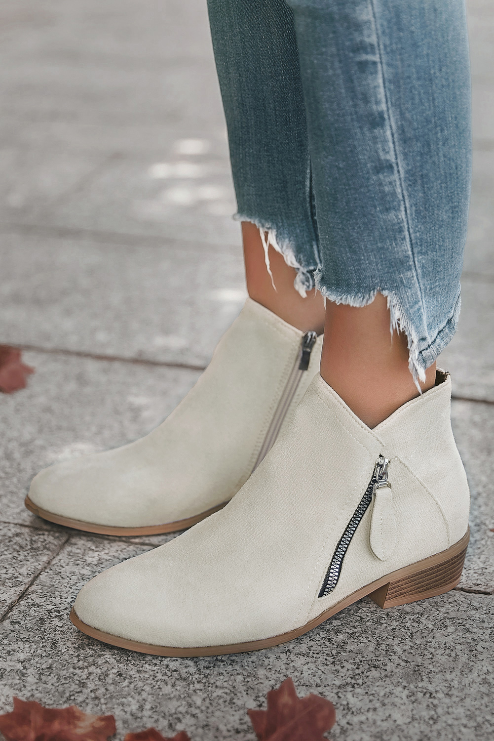 Beige Solid Suede Side Zip Casual Booties
