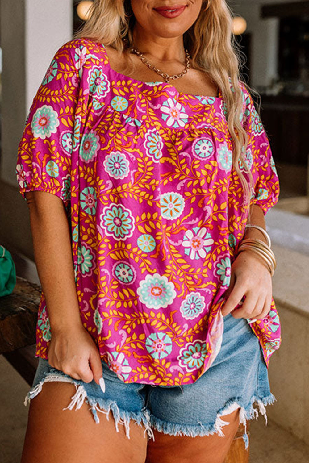 Rose Plus Size Floral Print Tie Back Blouse