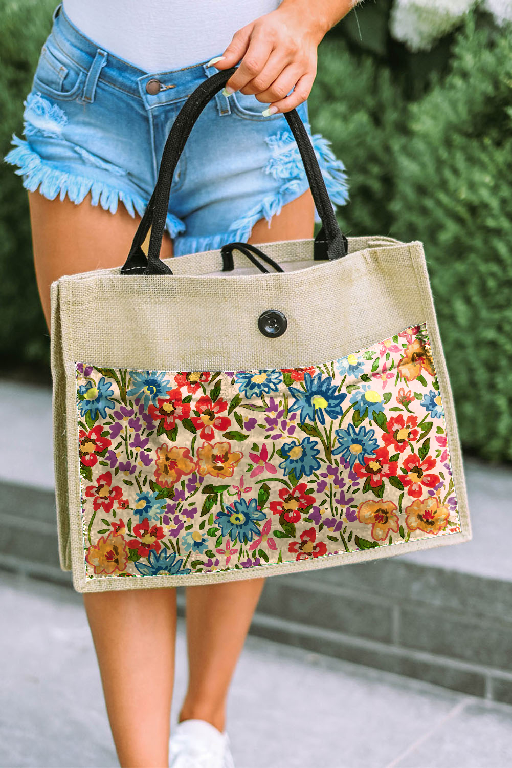 Multicolor Hand Drawing Floral Patchwork Canvas Tote Bag