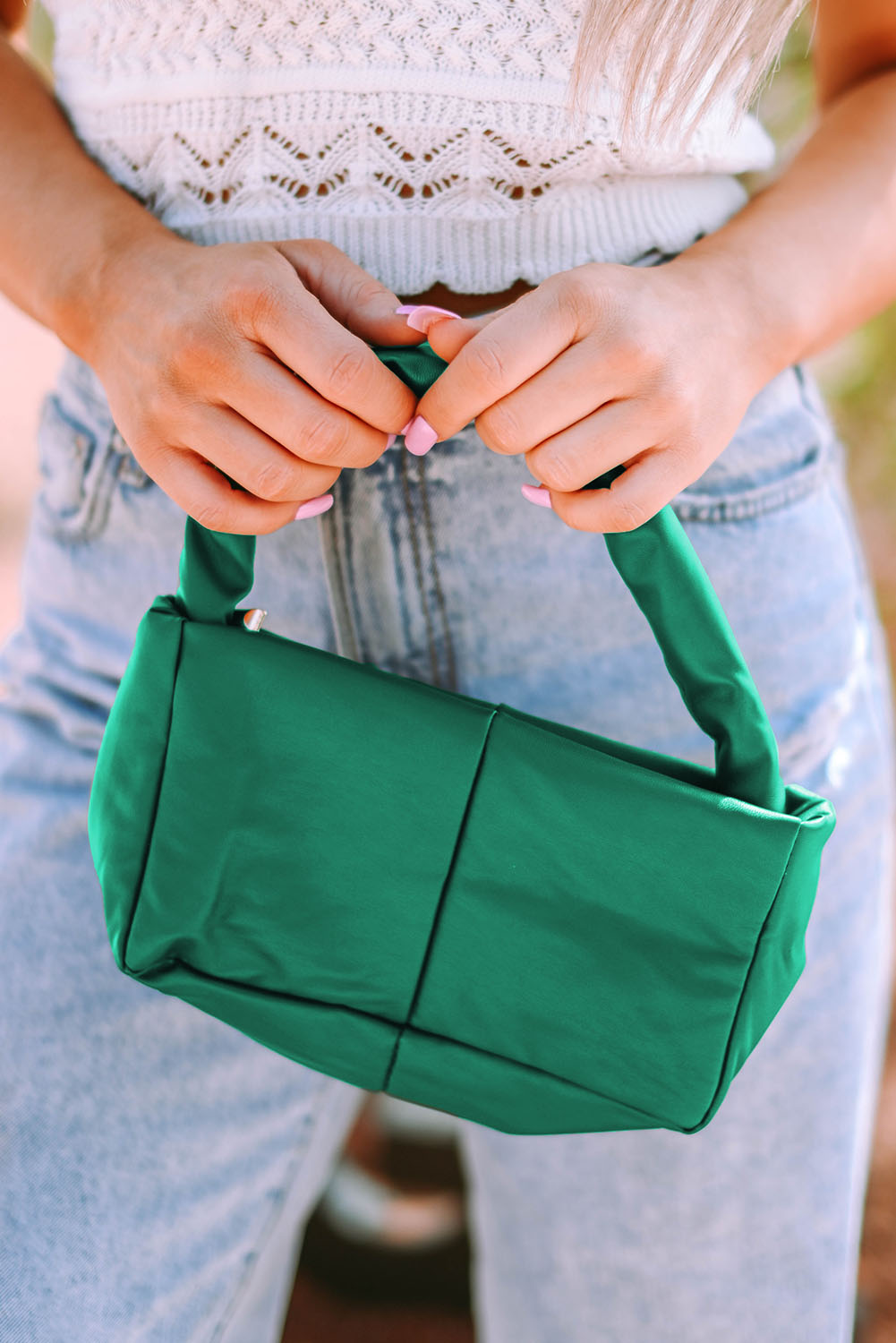 Green Minimalist PU Leather Zipped Square Handbag