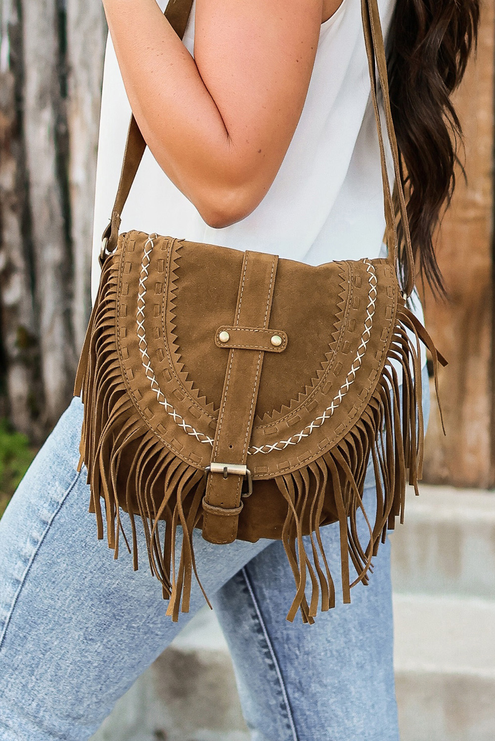 Brown Faux Suede Fringe Retro Saddle Bag
