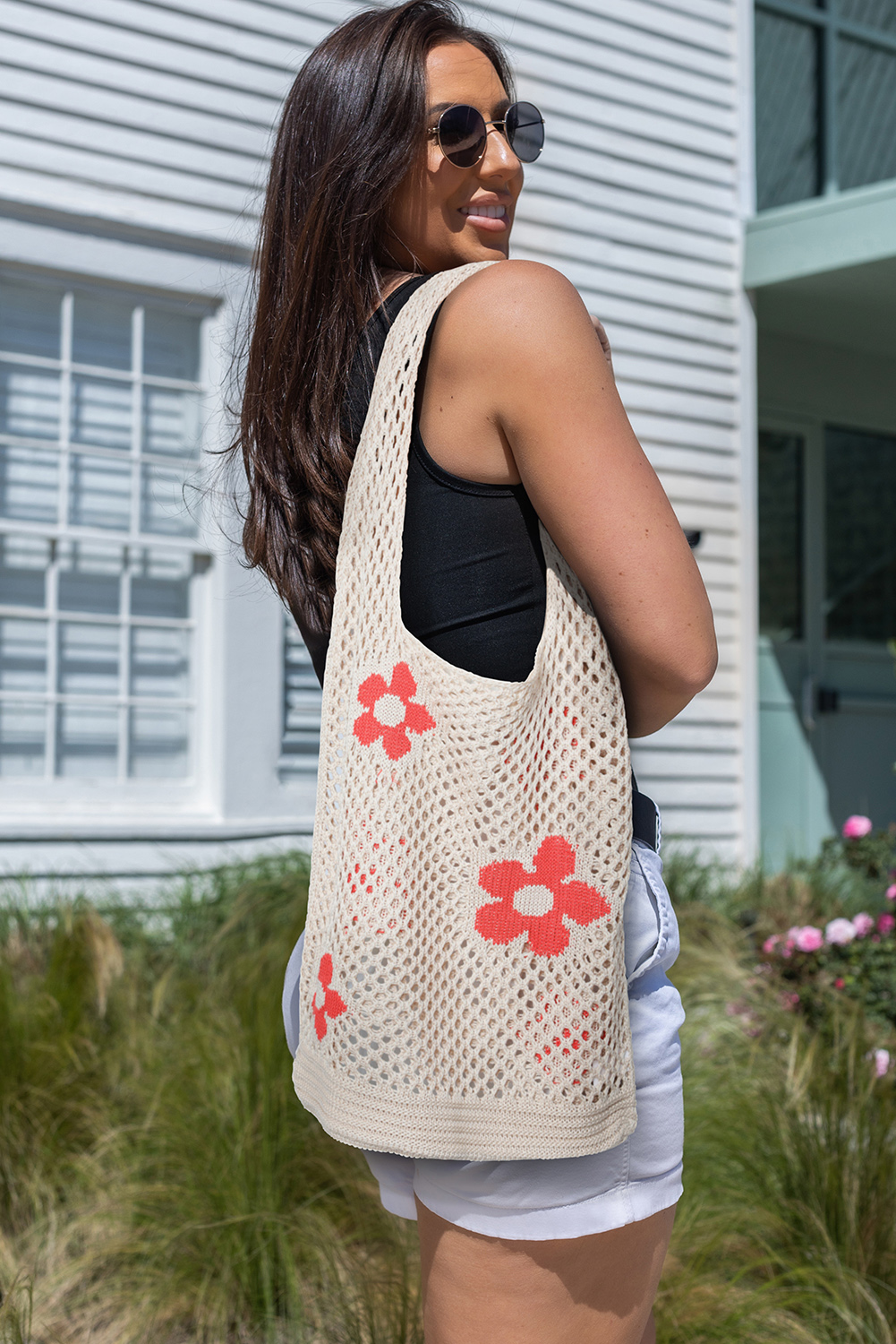 Beige Floral Pattern Crochet Fishnet Single Shoulder Bag