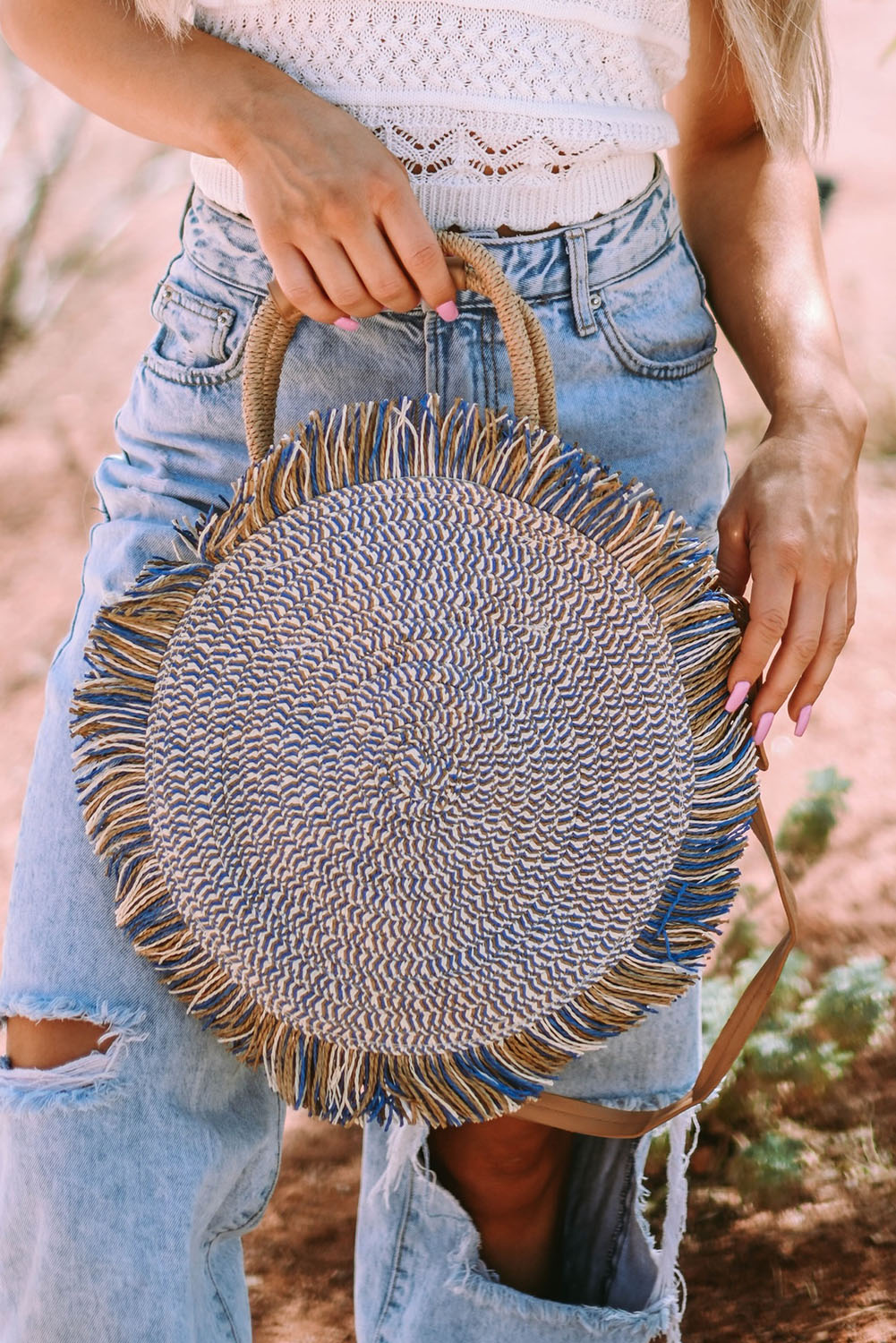 Sky Blue Retro Straw Woven Fringed Round Shoulder Bag