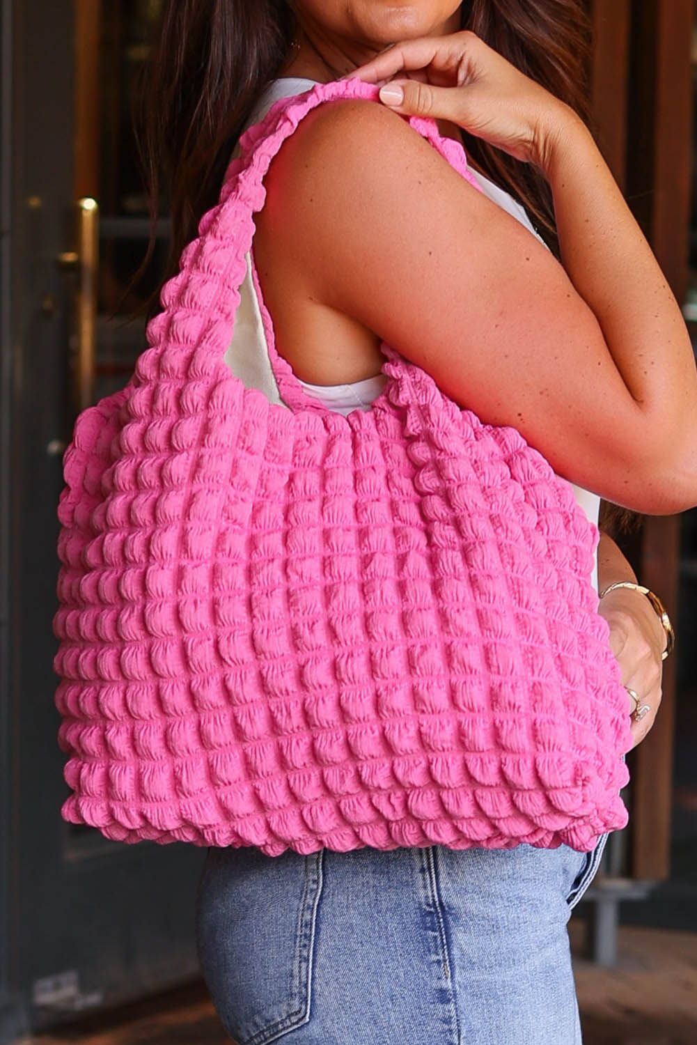 Rose Textured Knitted One Shoulder Bag