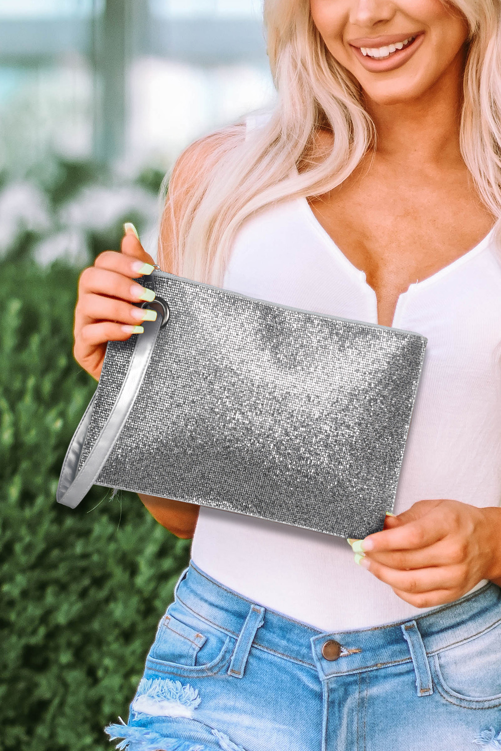 Silver Sequined Envelope Clutch Bag