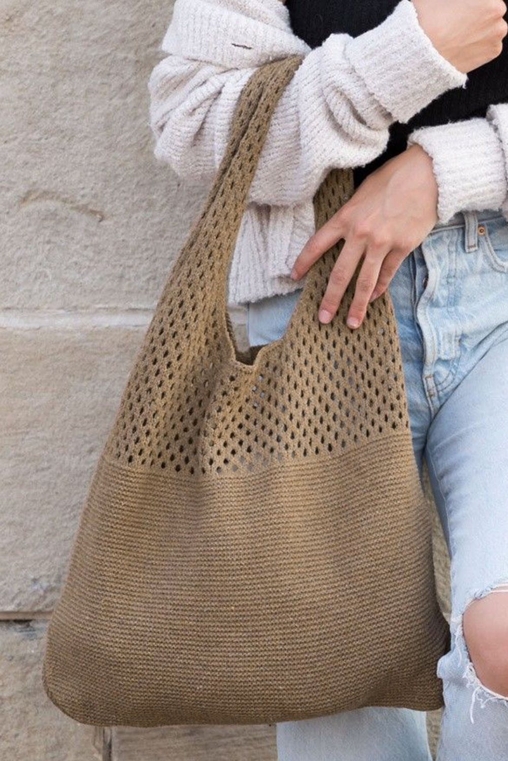 Brown Hollow Out Crochet Large Single Shoulder Bag