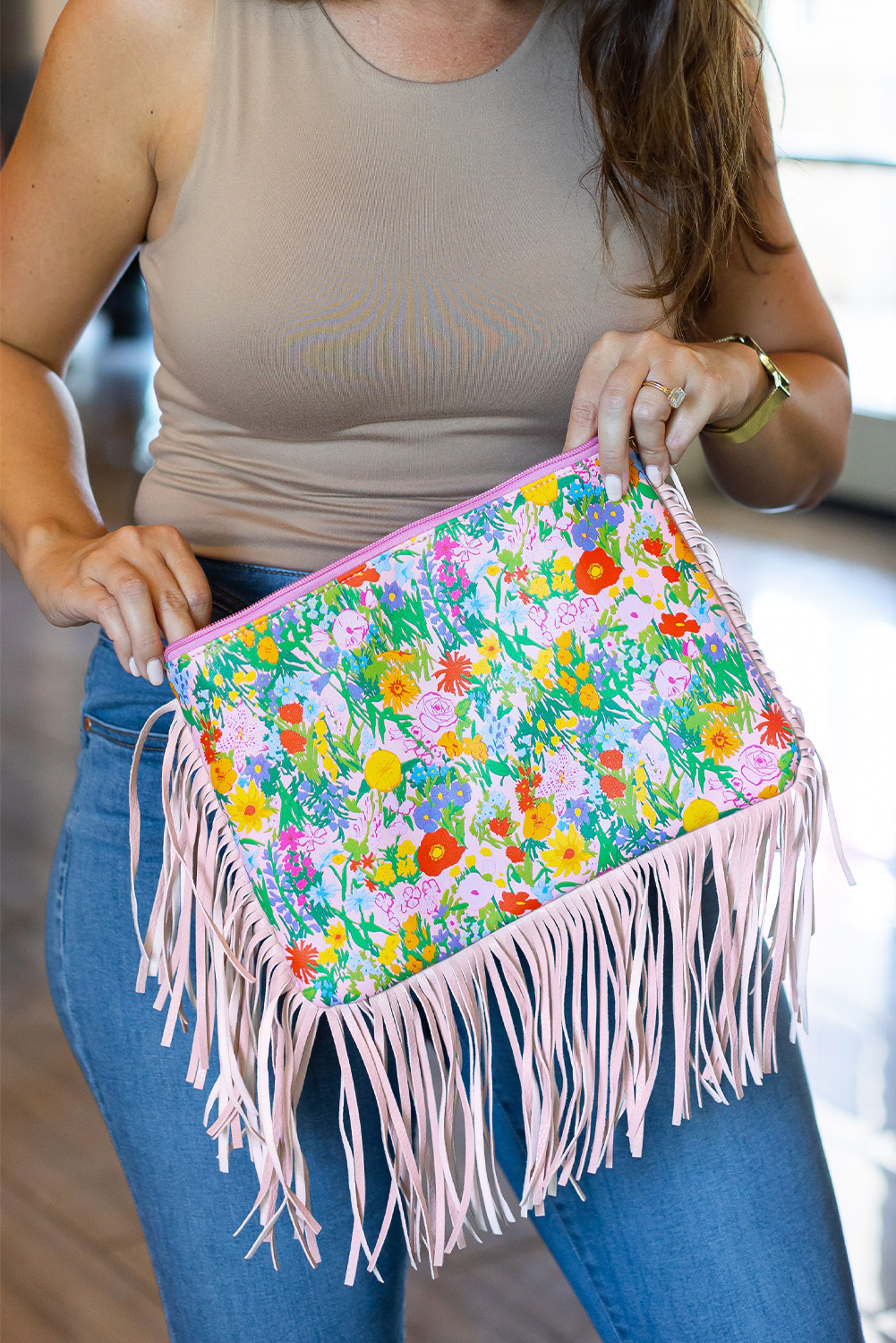 Pink Vibrant Floral Leather Fringe Trim Square Shoulder Bag