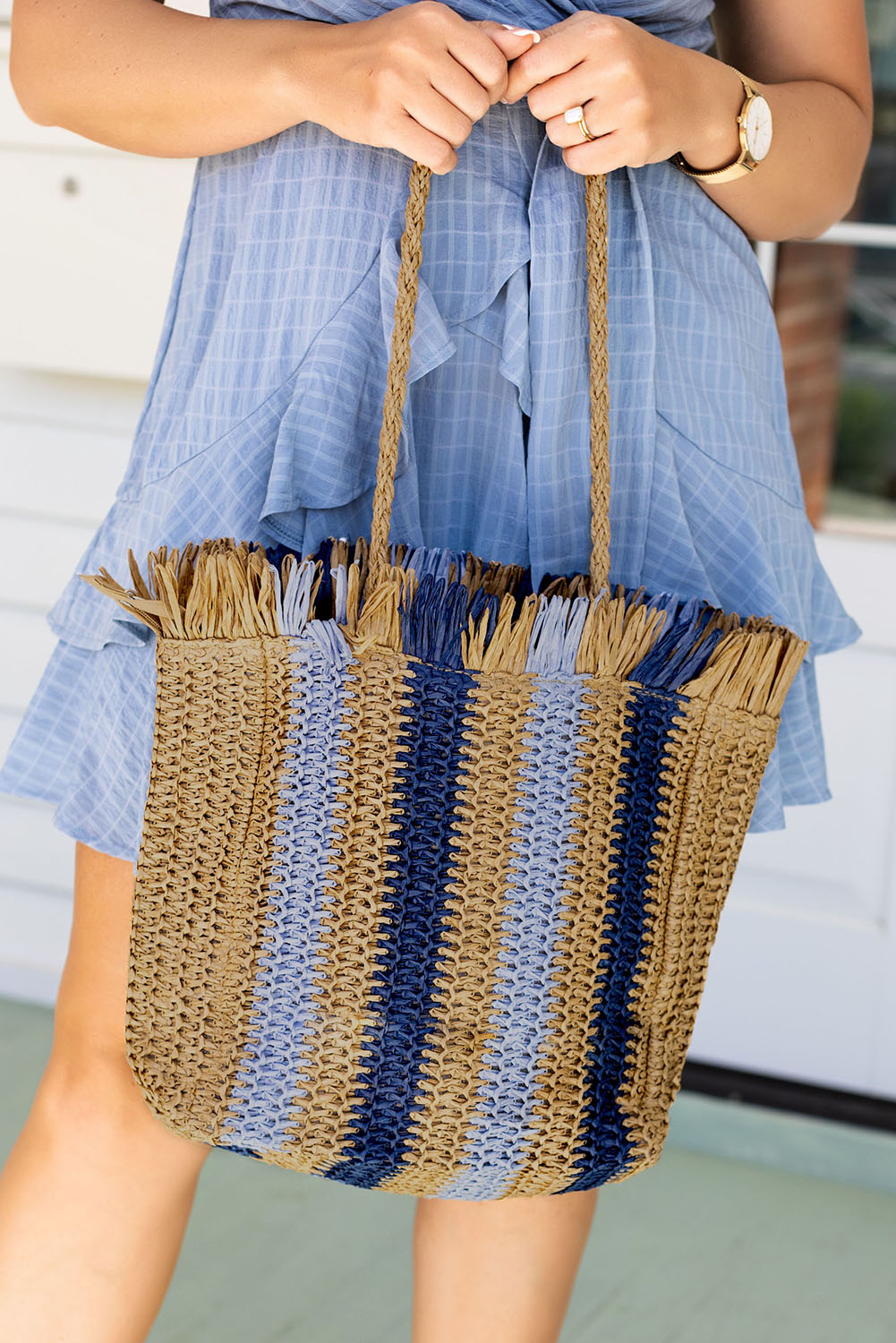 Brown Striped Sling Shoulder Straw Bag