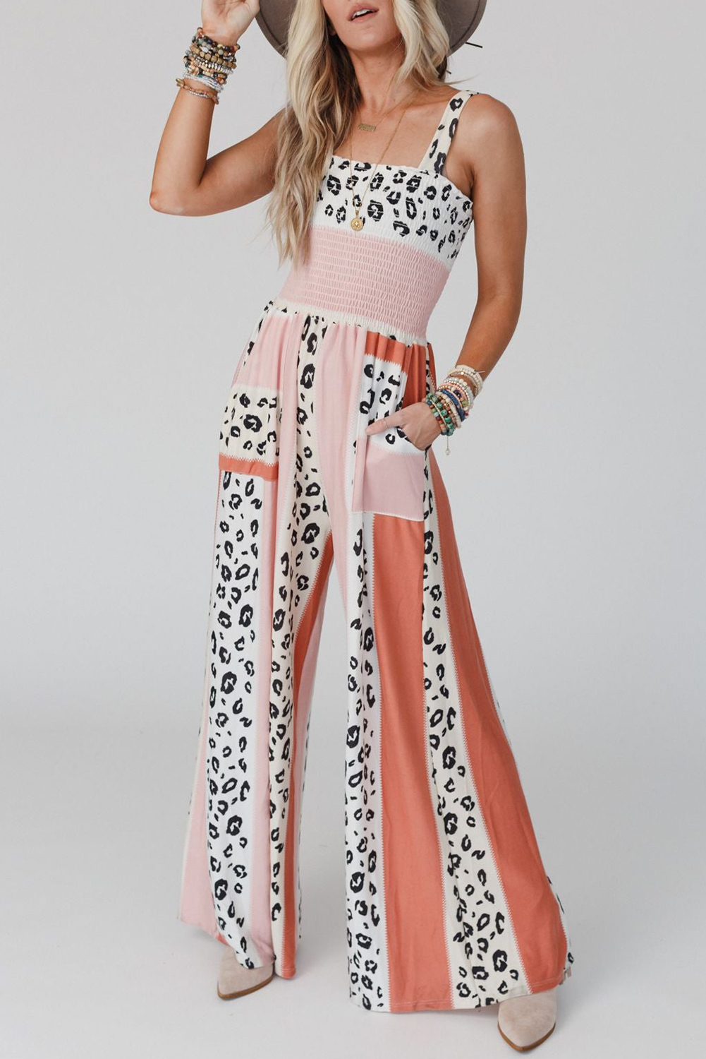Pink Leopard Color Block Mix Print Pocketed Jumpsuit