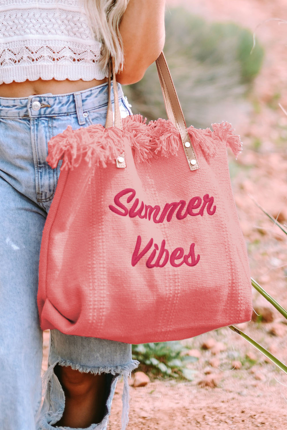 Pink Summer Vibes Distressed Canvas Large Tote Bag