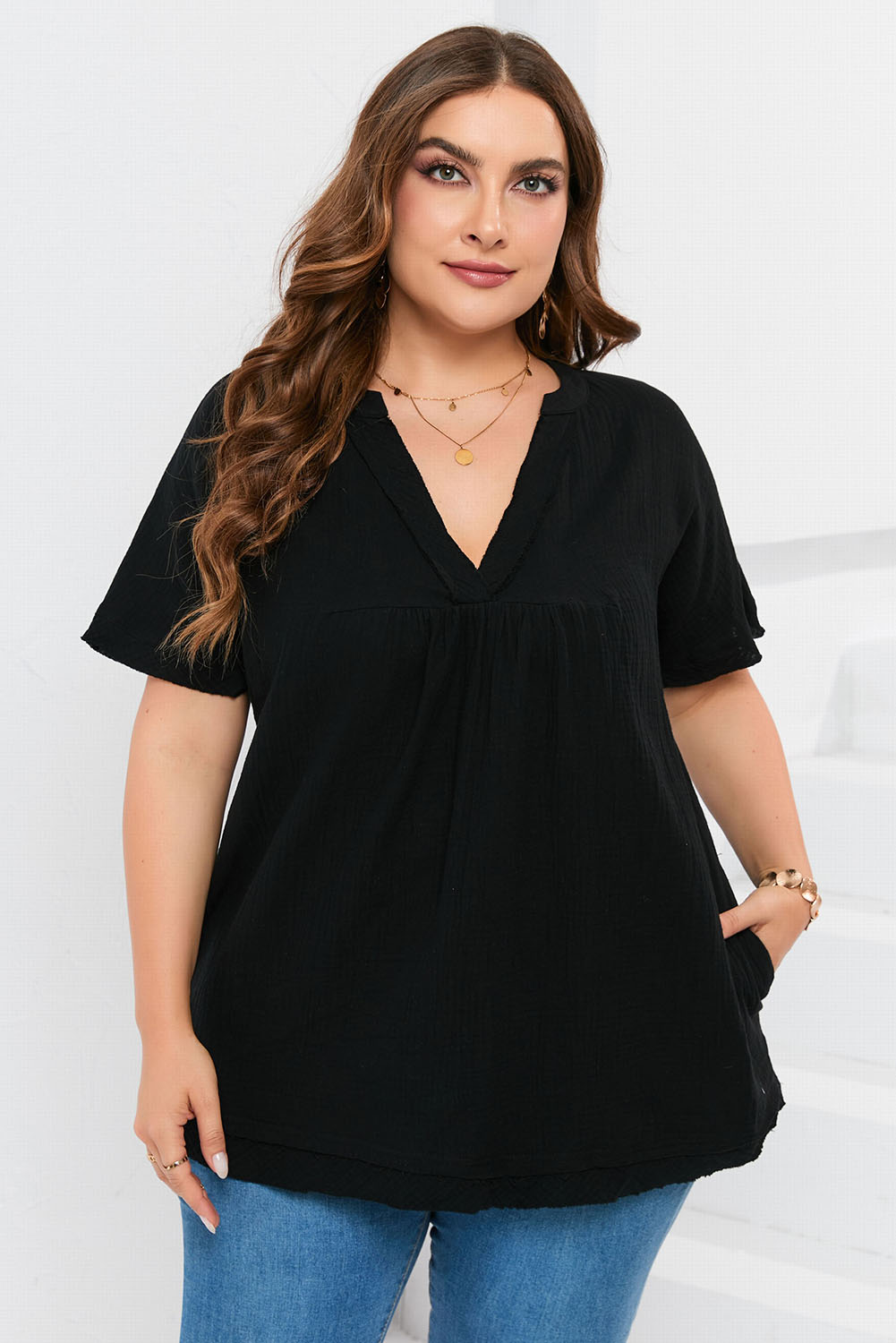 Black Plus Size Textured Short Sleeve Babydoll Blouse