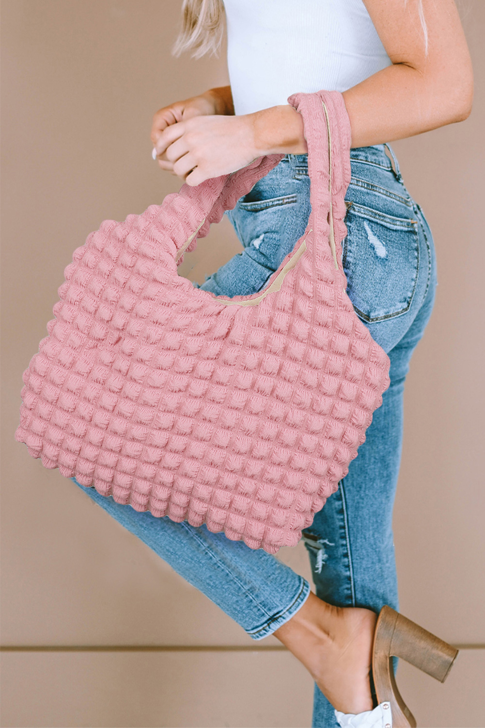 Pink Textured Knitted One Shoulder Bag