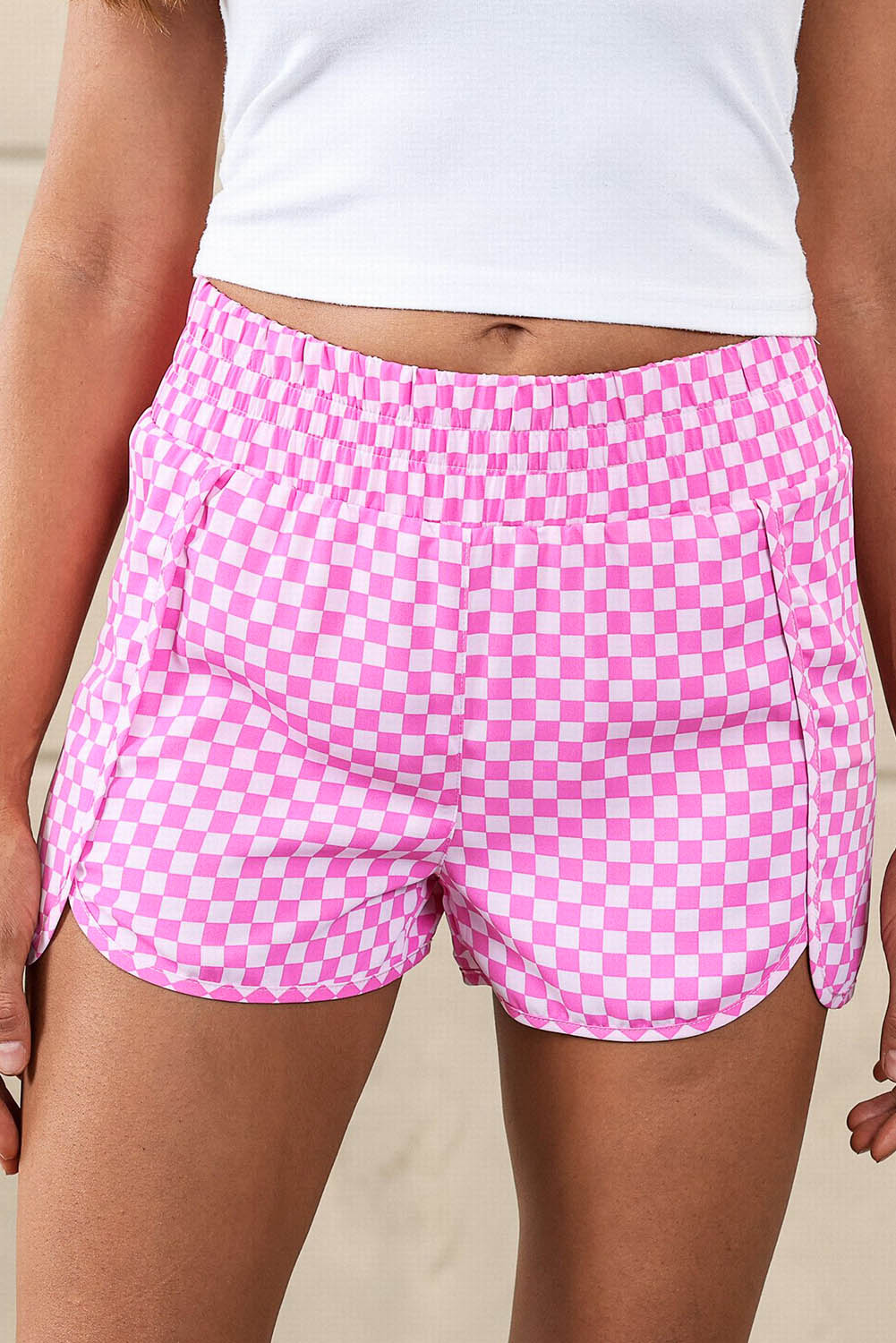 Pink Plaid High Waisted Athletic Shorts