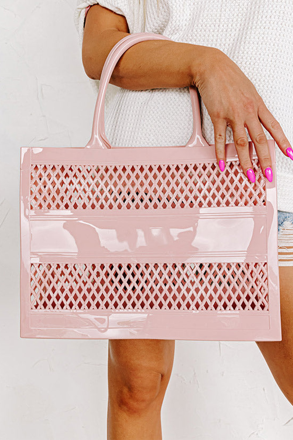 Pink Hollow Out Large Square PVC Tote Bag