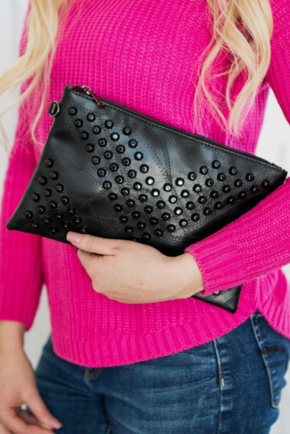 Black Riveted PU Leather Zipper Clutch Bag