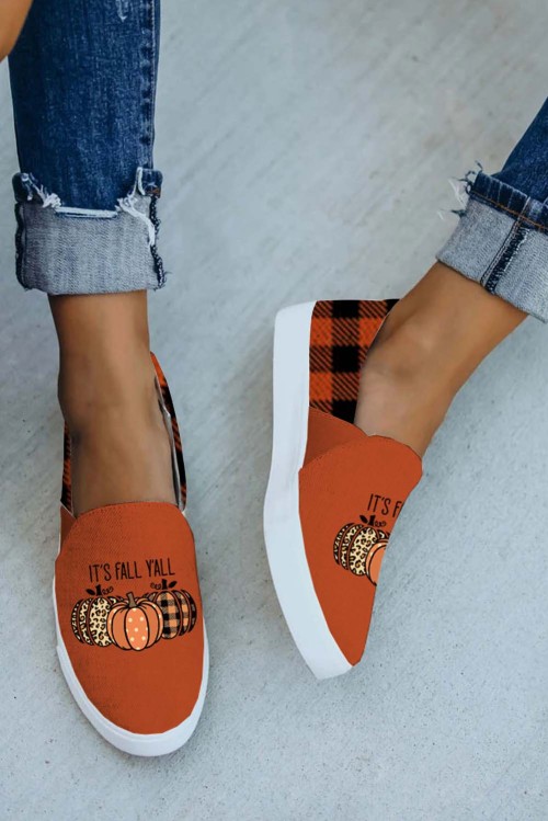 Orange Halloween Letter Pumpkin Plaid Print Slip-on Sneakers