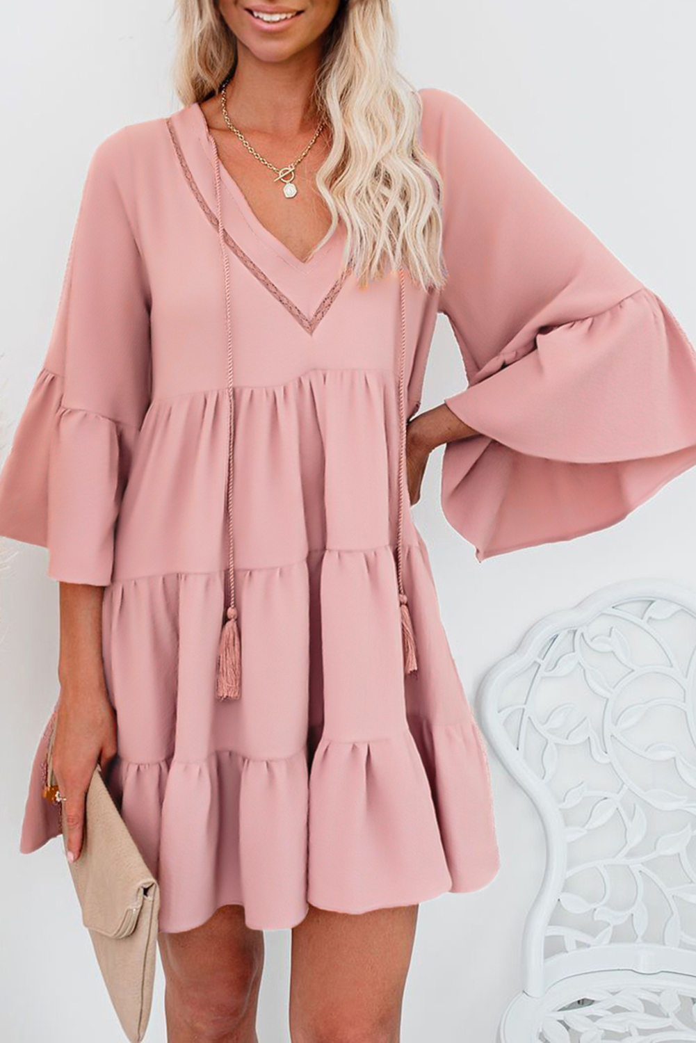 Pink Cotton Tiered Babydoll Tunic Dress