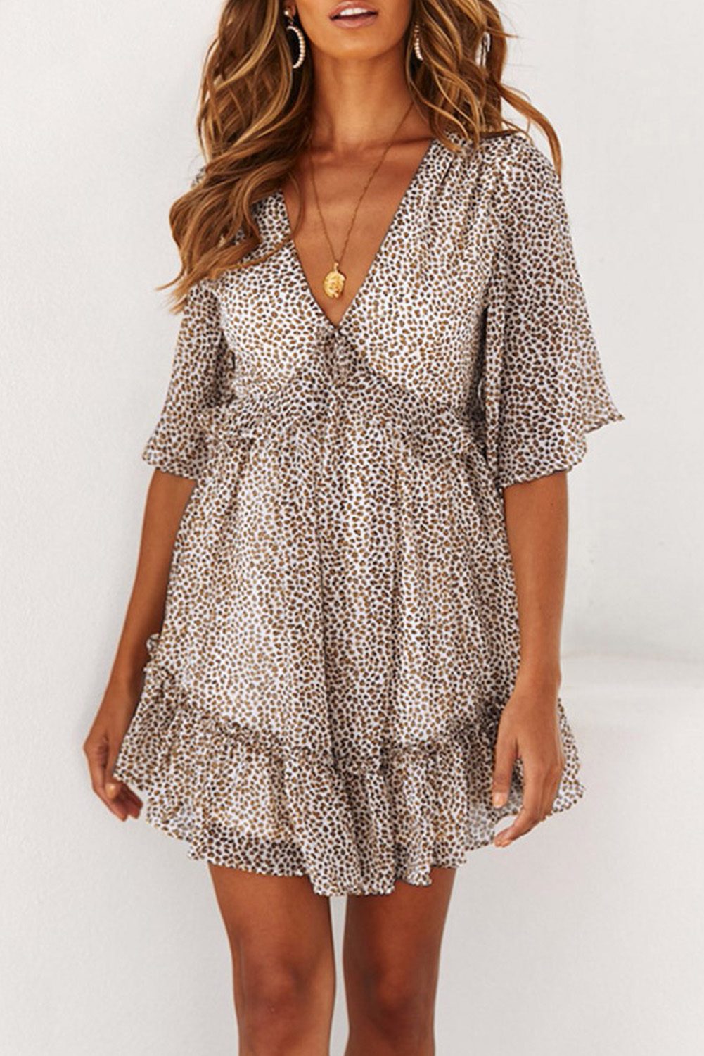 Black Leopard Print Ruffles Half Sleeve Dress