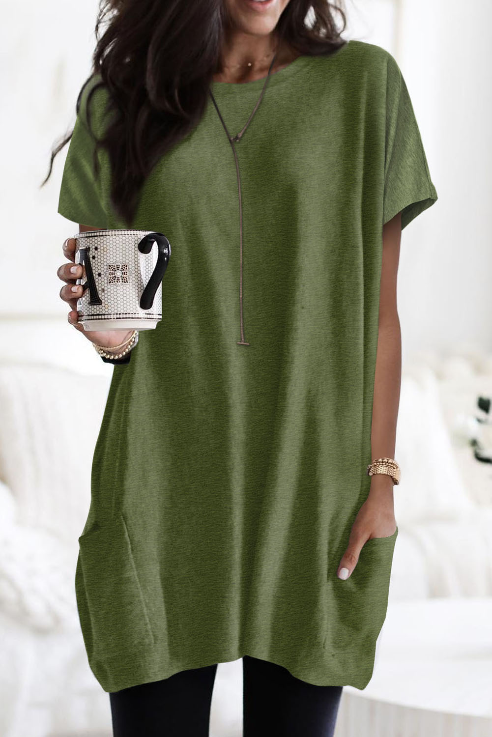 Green Side Pockets Short Sleeve Tunic Top