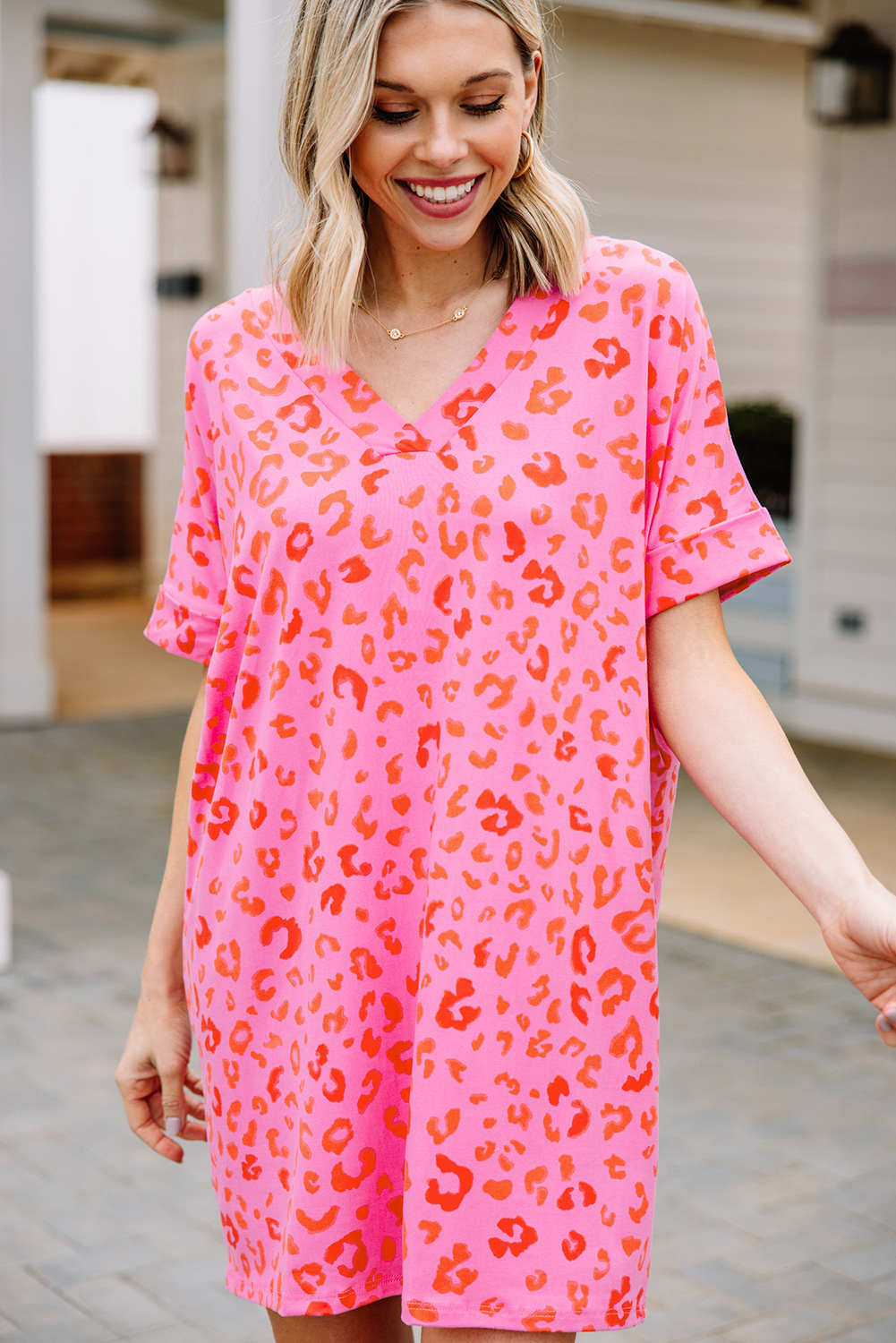 Pink Leopard Print V Neck Shift T-shirt Dress