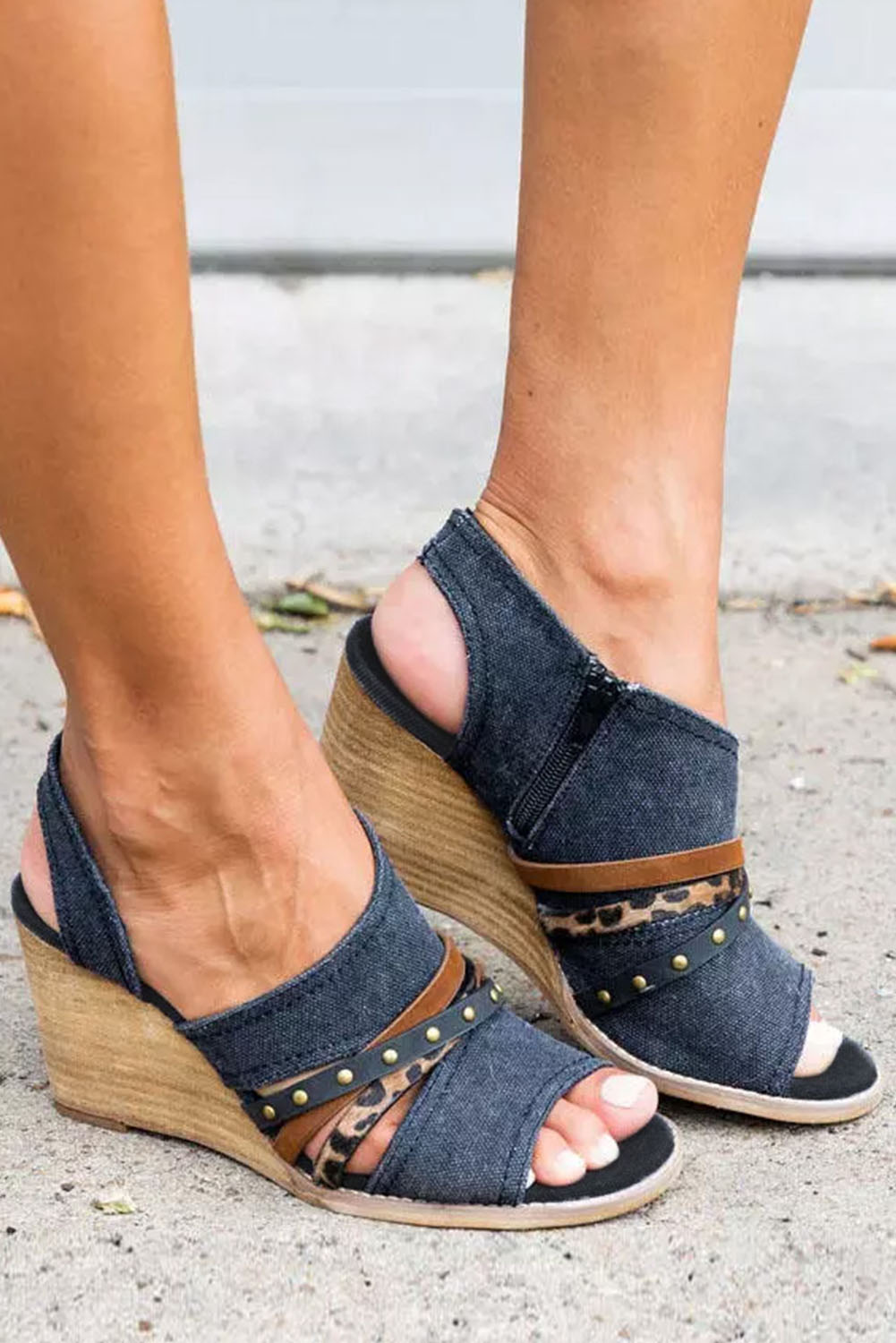 Blue Wedged Rivet Patchwork Peep Toe Denim Sandals