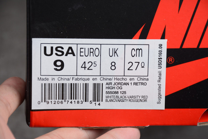 AIR JORDAN 1 High OG Black Toe white/ black-varsity red 555088-125
