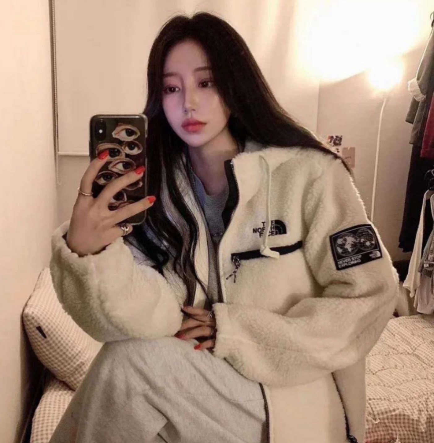 The North Face Double Laminated Sherpa White Zip Jacket