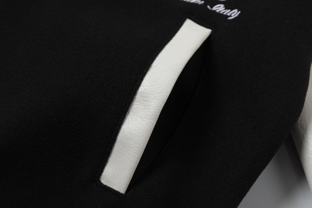 Off-White 2024 Fall/Winter new heavy embroidery patchwork leather varsity jacket in black, unisex