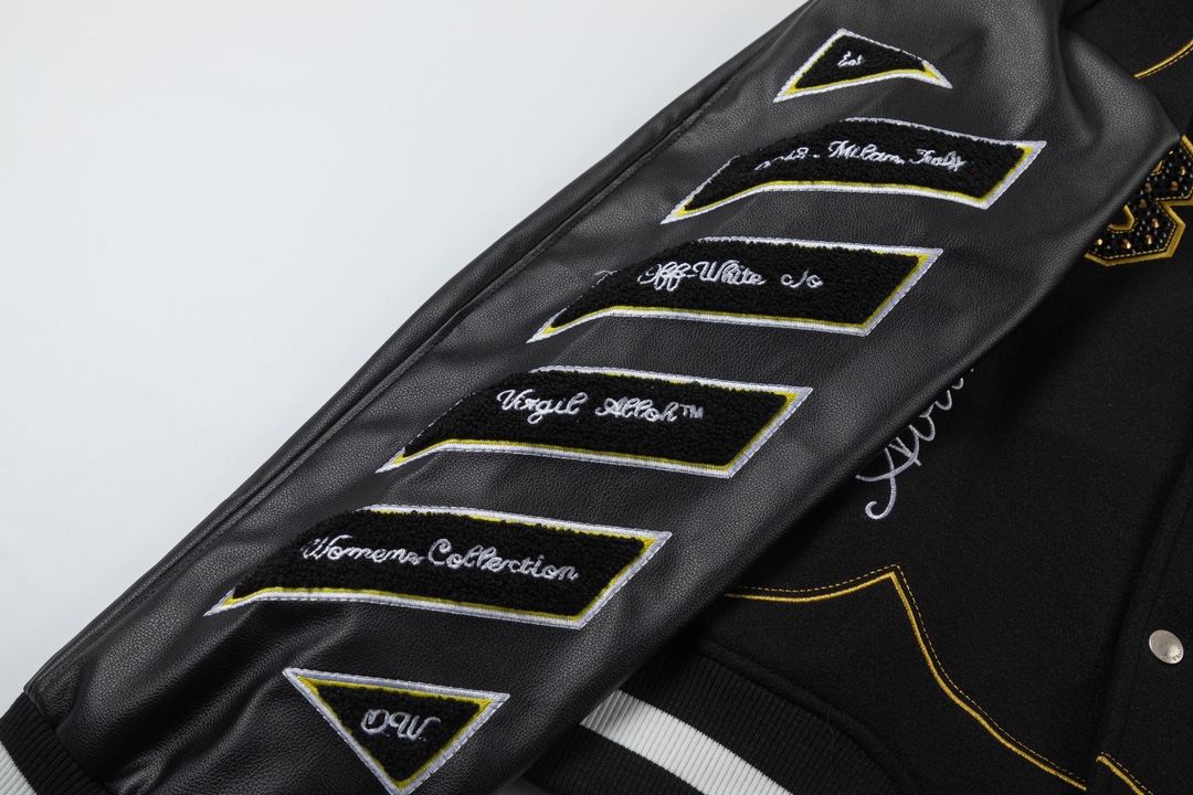 Off-White 2024 Fall/Winter new heavy embroidery rhinestone patchwork leather varsity jacket in black, unisex