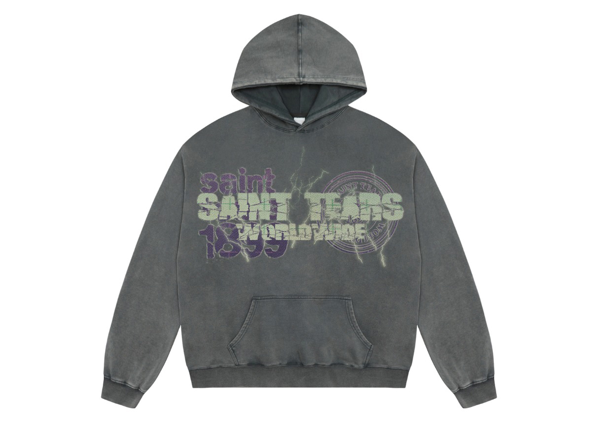 Saint Mich@el tears washed distressed salt-treated 400g heavy-weight vintage terry cloth hoodie in gray