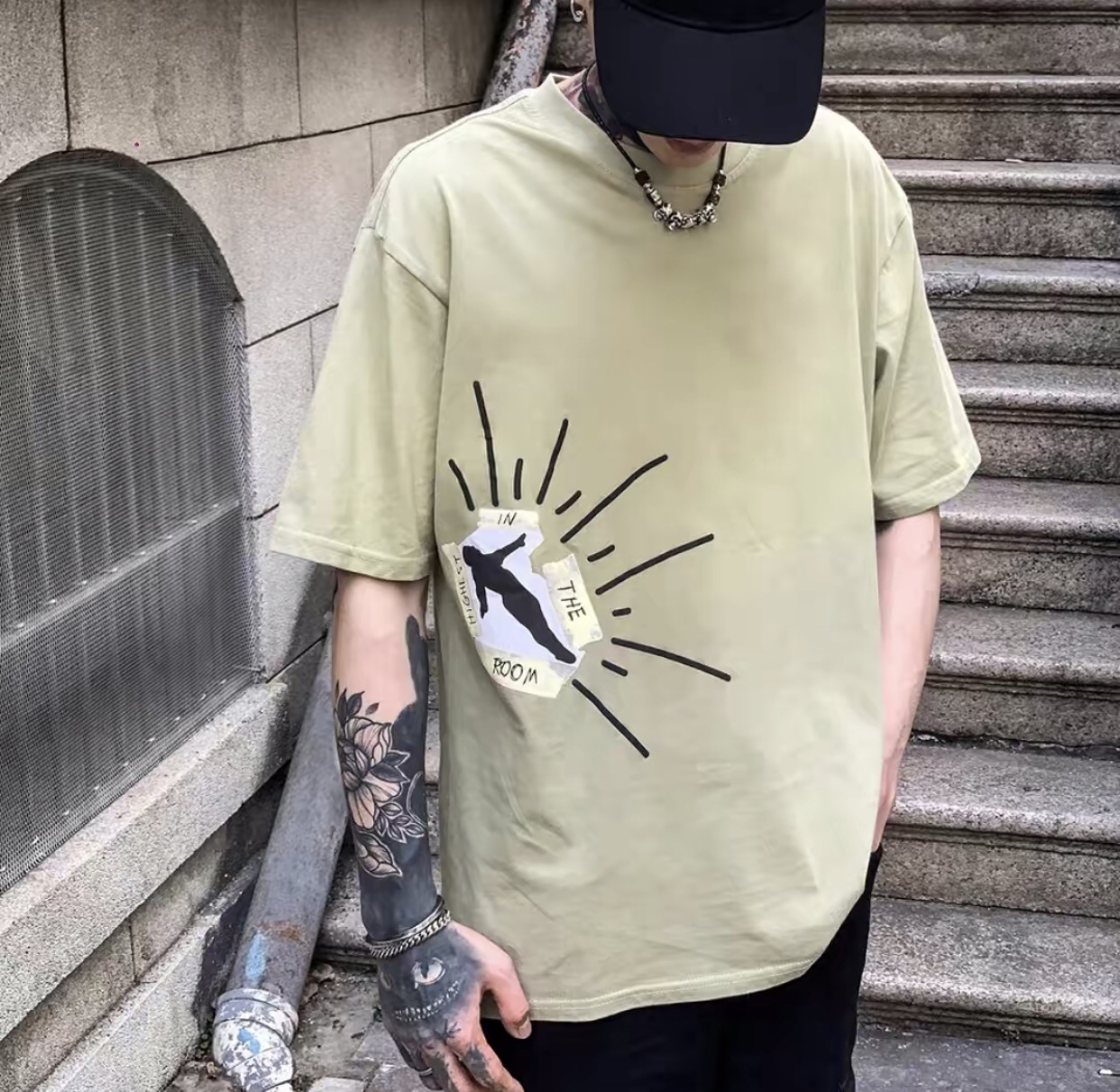 Travis Scott Retro washing to make old fixed dyeing letter printing short sleeves