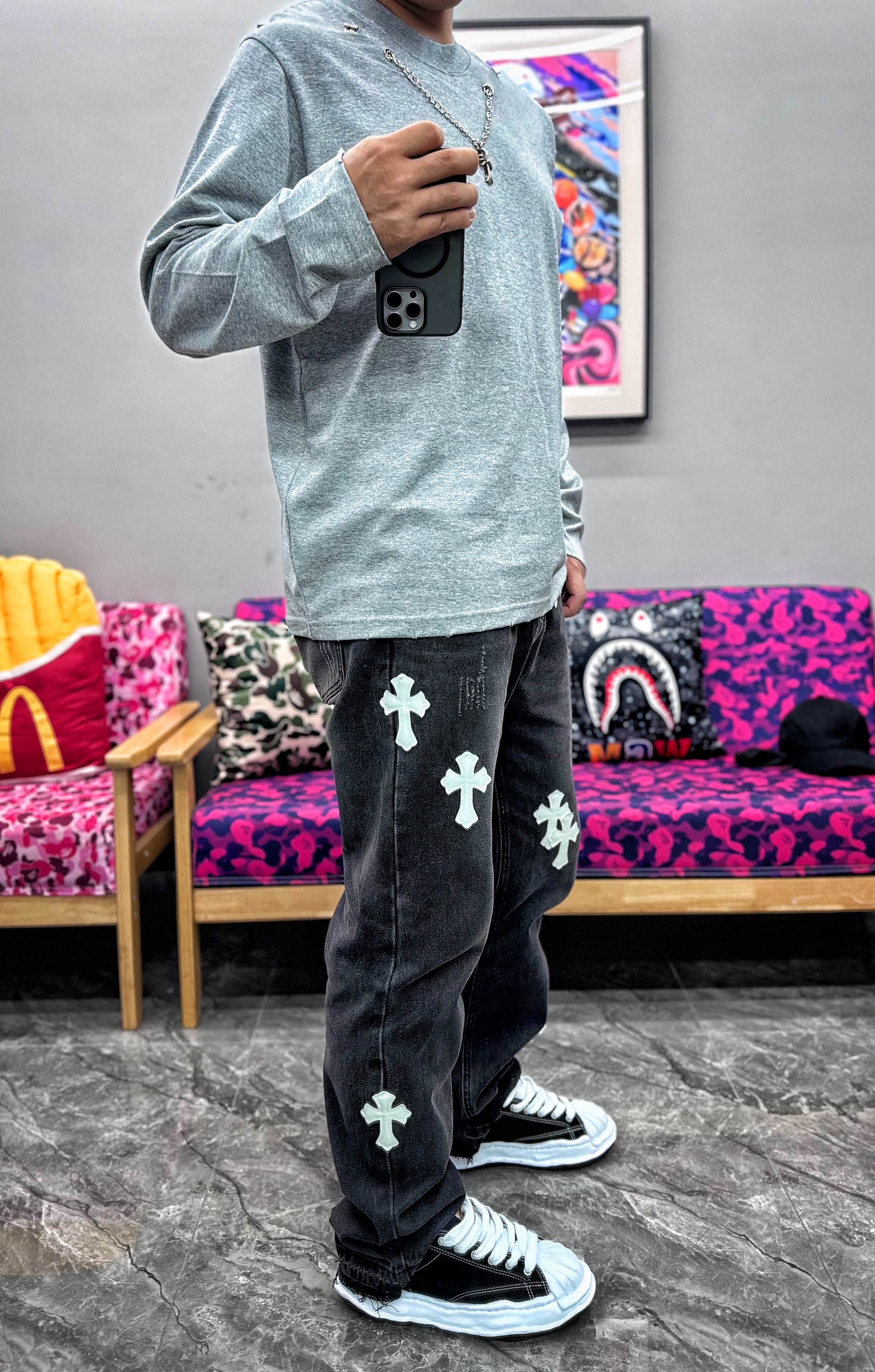 Chorme Heart Cross pendant Long Sleeve T-Shirt