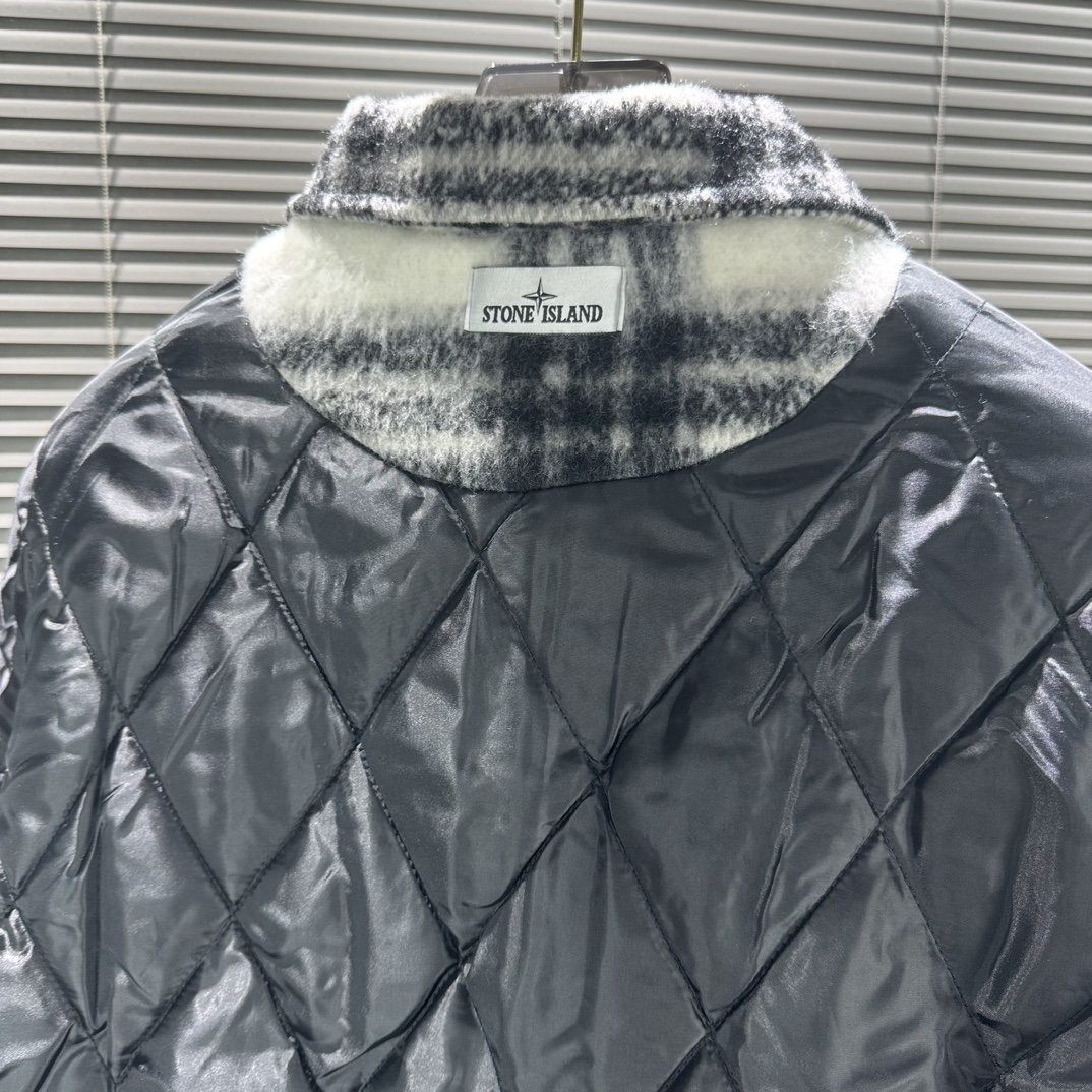 Stone 1sland Black and White Checkered Wool-cotton Padded Jacket