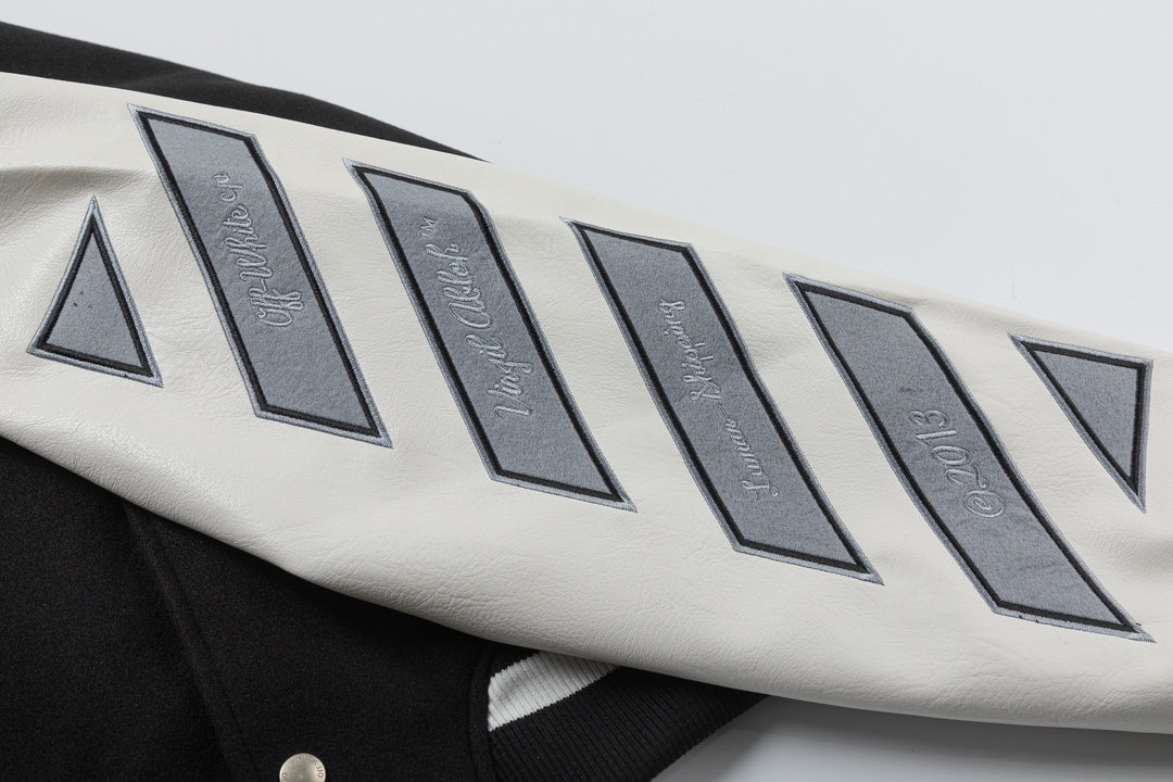 Off-White 2024 Fall/Winter new heavy embroidery patchwork leather varsity jacket in black, unisex