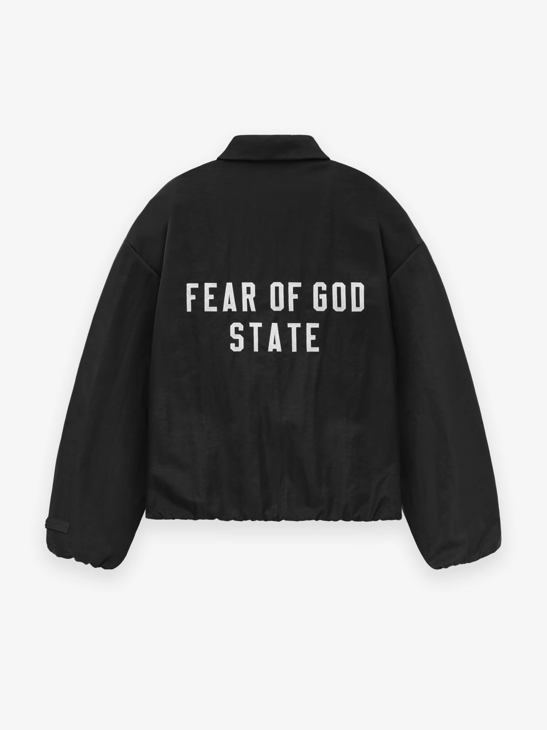 FEAR OF GOD ESSENTIALS 24FW stand collar windbreaker with appliqué letter embroidery.