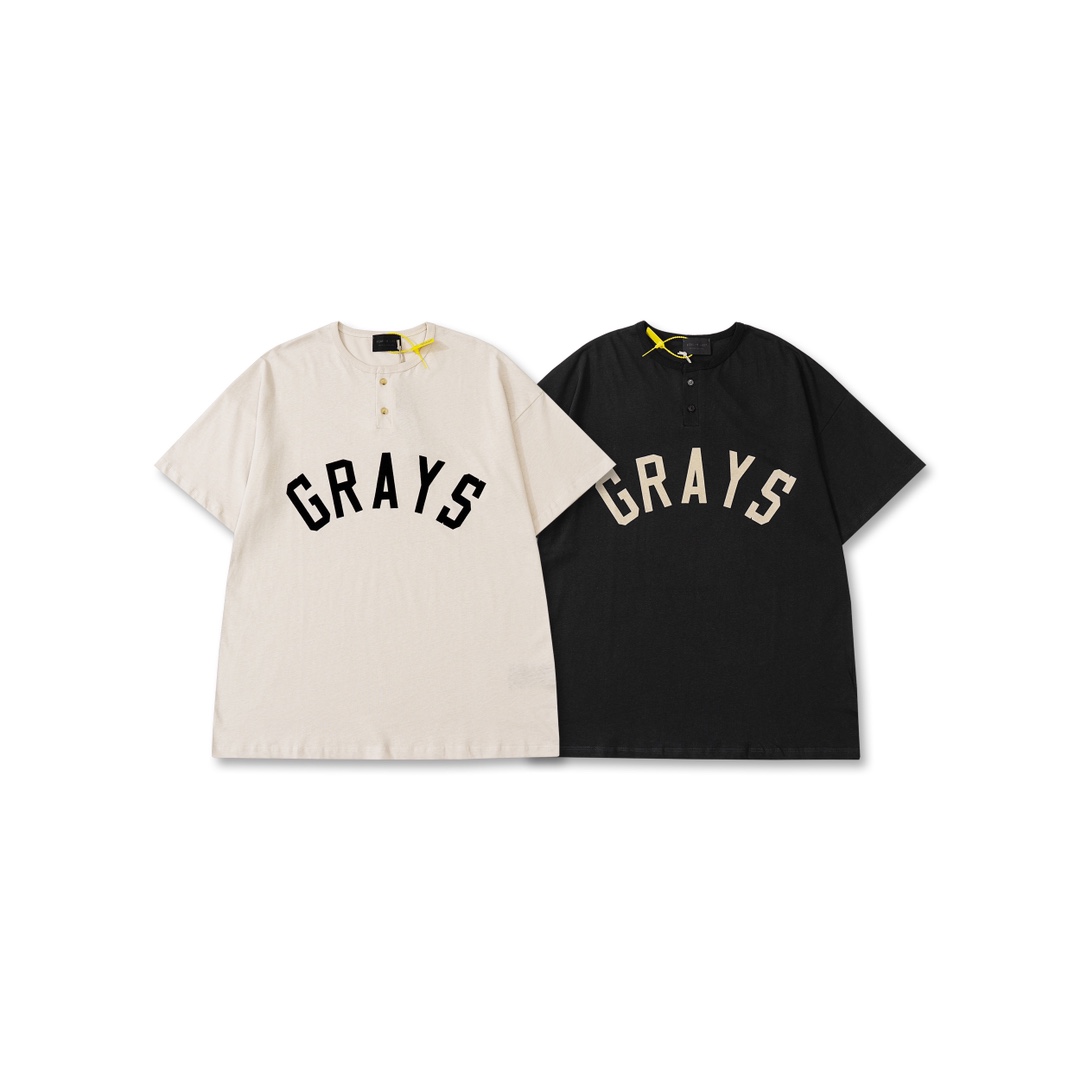 FEAR OF GOD GRAYS Henley collar letter flocking print short T-shirt